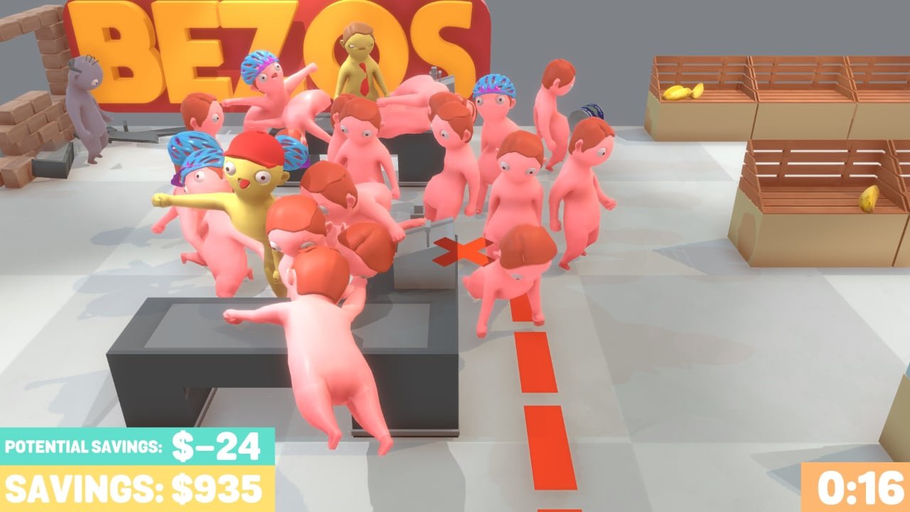 A horde of shoppers in Eat The Rich, furiously shopping for the best deals. (Screenshot)