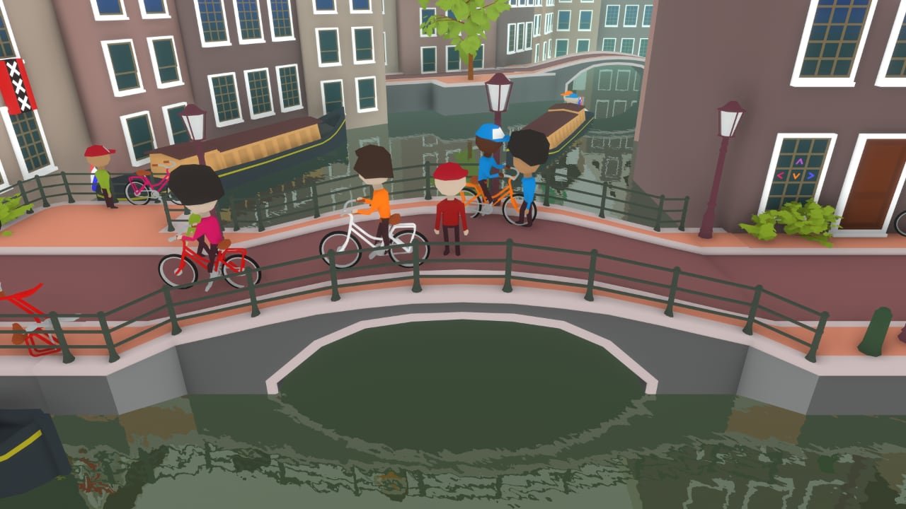 One of the main characters of Jamsterdam, crossing a bridge over a canal in Amsterdam.