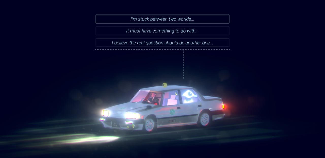Screenshot showing the dialogue options in Bird of Passage, while traveling in a taxi.