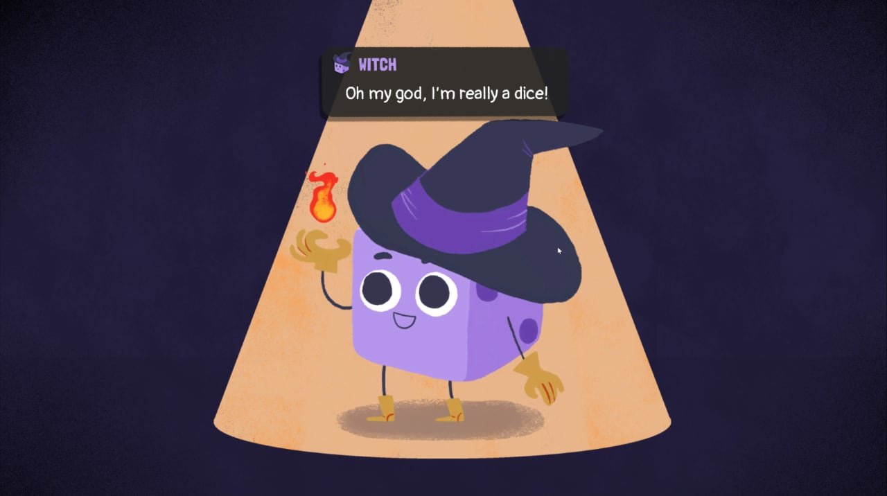 A cutscene in Dicey Dungeons, shwoing the Witch die.