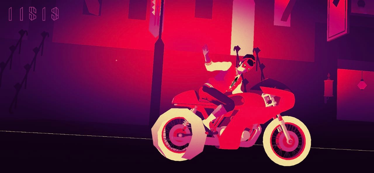 Riding a motorcycle in Sayonara Wild Hearts, in the level Begin Again.