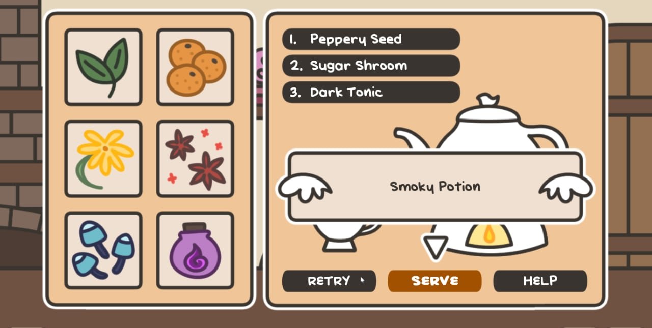 The Tea Making user interface in A Tavern For Tea, showing the ingredients and fresh brew.